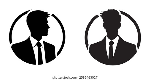 Simple, black and white profile silhouettes of two men in business suits and ties, set within circular frames.