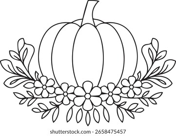 Simple black and white pumpkin design with floral wreath.