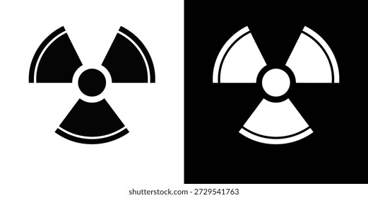 Sencillos símbolos de advertencia de radiación en blanco y negro que se muestran contra fondos de colores opuestos.