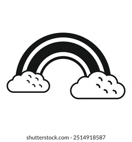 Simple black and white rainbow is arcing over two fluffy clouds
