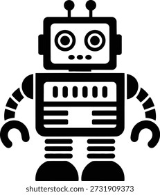 Eine einfache schwarz-weiße Retro-Roboter-Charaktergrafik mit Antennen und Zangenhänden