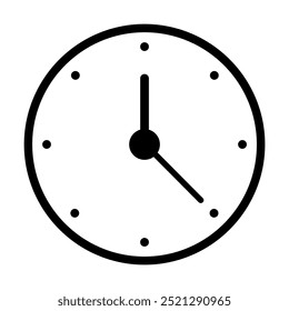 A simple black and white round clock showing time approximately 10:10. Ideal for time management, punctuality, schedule planning, daily routine, and educational materials. Minimalist vector design.