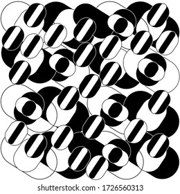 Simple black and white round shapes. Abstract symbols. Geometric ornament. Eyes silhouette. Design for wallpaper, fabric, textile. Vector illustration. Backdrop, concentric style.