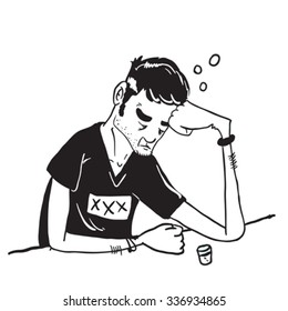 simple black and white sad man drinking cartoon