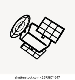 Simple black and white satellite icon with solar panels and dish. Satellite illustration showing solar panels and dish. Minimalist satellite design. Doodle illustration vector.