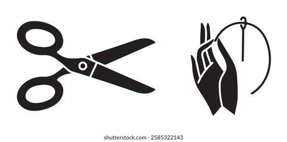 Simple Black and White Scissors and Needle Illustration