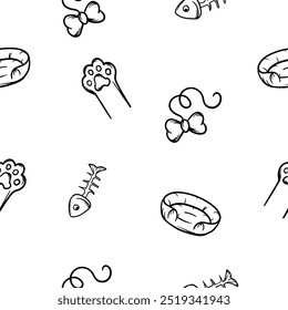 Simple black and white seamless pattern with cats paw, dog bed, fish skeleton. Vector background for the design of pet stores, veterinary clinics and pet products. Design for wrapping paper, print