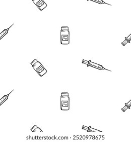 Simple black and white seamless pattern with vaccine and syringe icon. Editable vector background related to diseases, flu, coronavirus, epidemic and quarantine