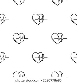 Simple black and white seamless pattern with cardiogram and heart icon. Editable vector background related to diseases, flu, coronavirus, epidemic and quarantine