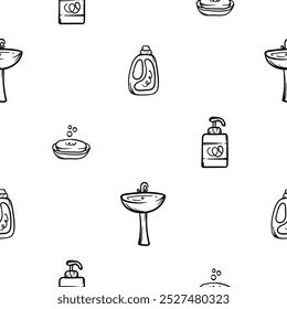 Simple black and white seamless pattern with sink and detergents. Vector background for the design of a store, a cleaning company, advertising cleaning services