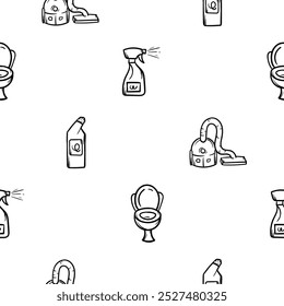 Simple black and white seamless pattern with vacuum cleaner, toilet and detergents. Vector background for the design of a store, a cleaning company, advertising cleaning services