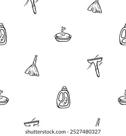 Simple black and white seamless pattern with detergents and cleaning products. Vector background for the design of a store, a cleaning company, advertising cleaning services