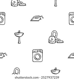 Simple black and white seamless pattern with washing machine, vacuum cleaner, iron and sink. Vector background for the design of a store, a cleaning company, advertising cleaning services