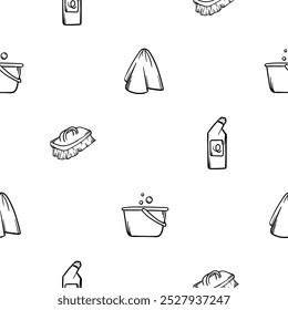 Simple black and white seamless pattern with bucket, rag, brush and detergent. Vector background for the design of a store, a cleaning company, advertising cleaning services