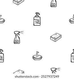 Simple black and white seamless pattern with soap, sponge, detergents. Vector background for the design of a store, a cleaning company, advertising cleaning services