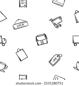 Simple black and white seamless pattern with shopping cart, tag, package. Vector background for store design, wrapping paper, showcase, banner. Icons related to shopping, black friday, sale