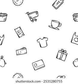 Simple black and white seamless pattern with shopping cart, gift, money and shopping. Vector background for store design, wrapping paper, showcase, banner. Icons related to shopping, black friday