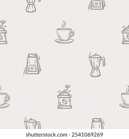 Simple black and white seamless pattern with coffee cup, coffee pot, coffee grinder and paper bag. Set of icons for the design of a cafe, restaurant, coffee shop. Endless background for gift paper