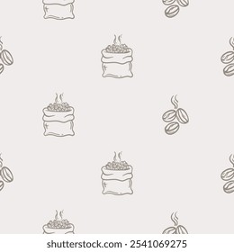 Simple black and white seamless pattern with coffee beans and bag. Set of icons for the design of a cafe, restaurant, coffee shop, cafeteria. Endless background for gift paper 