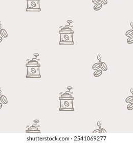 Simple black and white seamless pattern with coffee beans and coffee grinder. Set of icons for the design of a cafe, restaurant, coffee shop, cafeteria. Endless background for gift paper