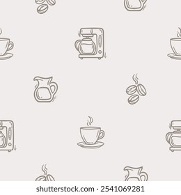 Simples preto e branco padrão sem costura com xícara de café, grãos de café, jarra de leite e cafeteira. Conjunto de ícones para o design de um café, cafeteria, cafeteria. Fundo infinito para papel presente