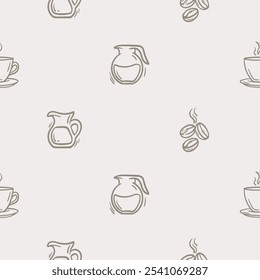 Padrão simples sem emenda preto e branco com grãos de café, bebida de café e leite em uma jarra. Conjunto de ícones para o design de um café, restaurante, cafeteria. Fundo infinito para papel presente 