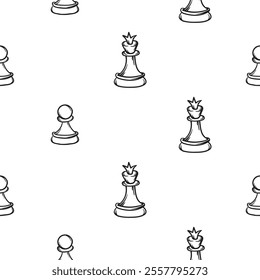 Simple black and white seamless pattern with chess pieces icons. Hand drawn pawn and queen signs and symbols. Vector editable background for decoration, design, banner