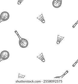 Simple black and white seamless pattern with badminton racket and shuttlecock. Vector background with sports