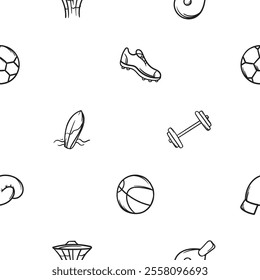Simple black and white seamless pattern with barbell, surf, basketball and sneakers. Vector background with sports