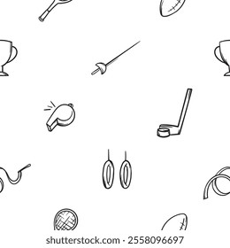 Simple black and white seamless pattern with hockey, fencing sword, whistle and gymnastic bars