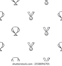 Simple black and white seamless pattern with sports cups and medals. Vector background with sports and sports equipment