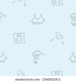 Simple black and white seamless pattern with scales, measuring tape, jump rope and sportswear. Vector background for sport, fitness, gym and healthy lifestyle. Hand drawn design for decoration, print