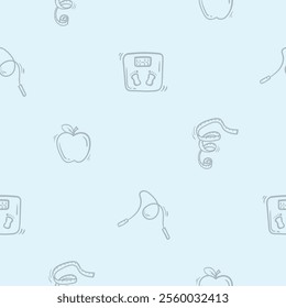 Simple black and white seamless pattern with scales, measuring tape, skipping rope and apple. Vector background for sport, fitness, gym, healthy lifestyle. Hand drawn design for wrapping paper, print