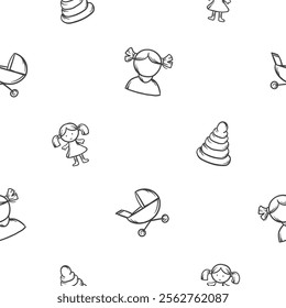 Simple black and white seamless pattern with baby products and toys. Vector editable background with pyramid doll, stroller and girl icon. Design of wrapping paper, print