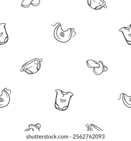 Simple black and white seamless pattern with baby products and newborn supplies. Vector editable background with pacifier, diaper. bib and bodysuit. Design of wrapping paper, print