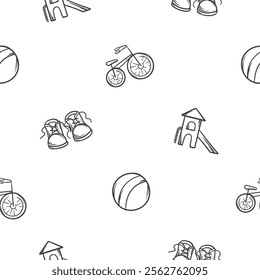 Simple black and white seamless pattern with baby products and toys. Vector editable background with ball, bike, slide. Design of wrapping paper, print