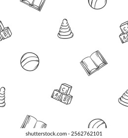 Simple black and white seamless pattern with baby products and toys. Vector editable background with ball, pyramid, book and cubes. Design of wrapping paper, print