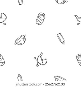 Simple black and white seamless pattern with children's things, goods and services. Vector editable background with a stroller, diaper, bottle and baby. Design of wrapping paper, print