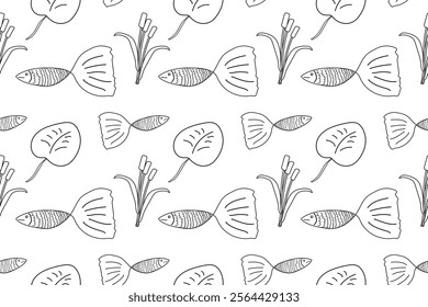 Simple black and white seamless pattern featuring guppy fish, reeds, and water lilies. Perfect for coloring projects.