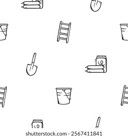 Simple black and white seamless pattern with ladder, shovel, cement bags and bucket. Editable background with construction