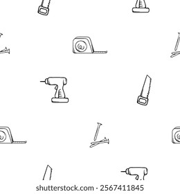 Simple black and white seamless pattern with drill, saw, shovel and nails. Editable background with construction and repair