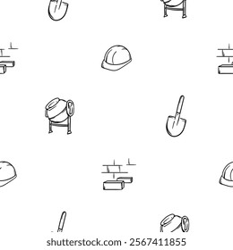 Simple black and white seamless pattern with hard hat, brick wall, concrete mixer, shovel. Editable background with construction