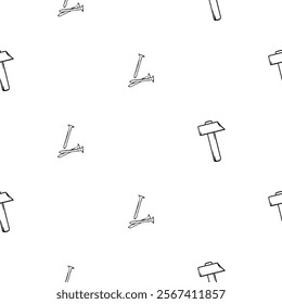 Simple black and white seamless pattern with hammer and nails. Editable background with construction and repair signs and symbols