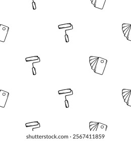 Simple black and white seamless pattern with paint palette and roller. Editable background with construction and repair