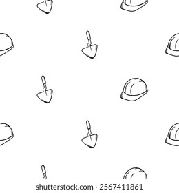 Simple black and white seamless pattern with spatula and helmet. Editable background with construction and repair signs, symbols