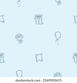 Simple black and white seamless pattern with holiday attributes, birthday, balloon, gift, flag. Editable repeating background