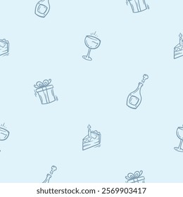 Simple black and white seamless pattern with holiday attributes, birthday, alcohol, gift, cake. Editable repeating background