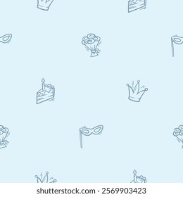 Simple black and white seamless pattern with holiday attributes, birthday, cake, crown, flowers. Editable repeating background