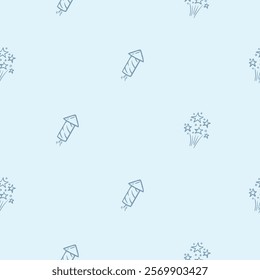 Simple black and white seamless pattern with holiday, party, New Year attributes, firecrackers, fireworks. Editable background