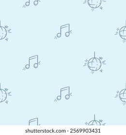 Simple black and white seamless pattern with attributes of a holiday, party, disco, disco ball, music. Editable background